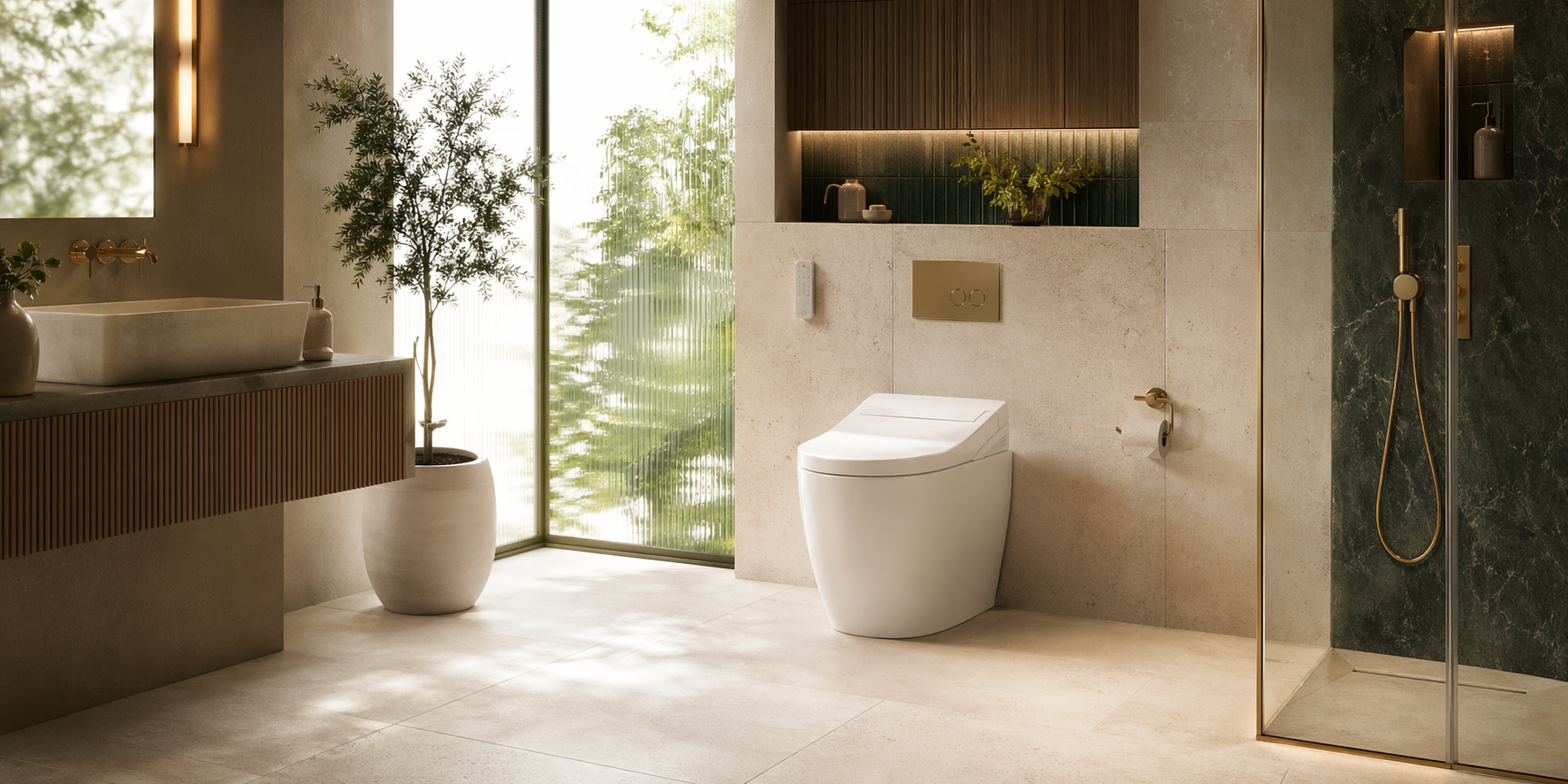 Studio concept visual of a smart toilet in a premium bathroom setting