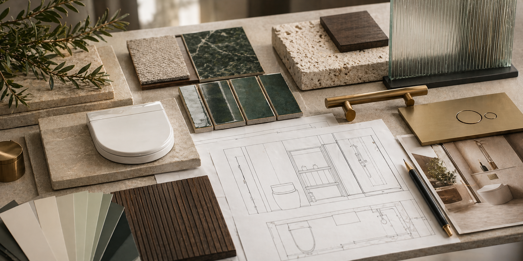 Studio concept visual of bathroom specification drawings and material samples for a smart toilet project